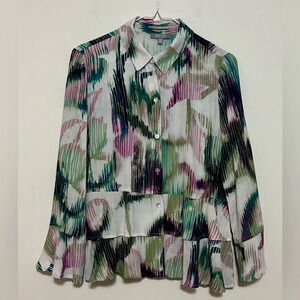 Habitat Clothes to Live In Watercolor Tiered Ruffled Bell Sleeve Blouse XS